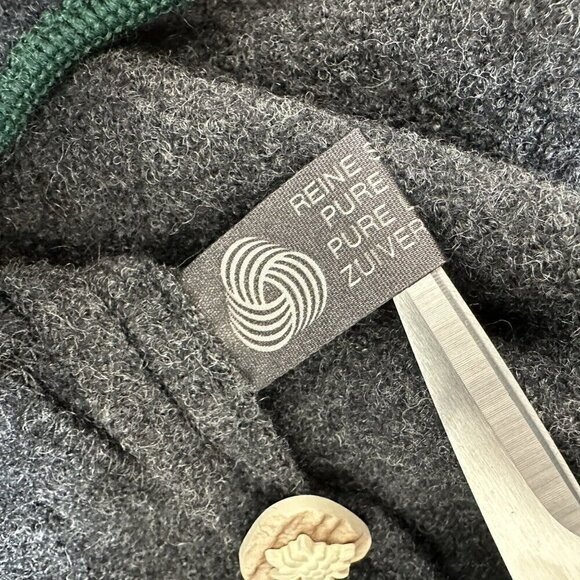 Elegance Seiler Cardigan Boiled Wool Button Front Sz 38 Gray Green trim Pockets - Picture 12 of 13